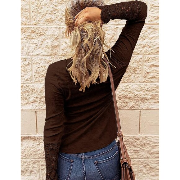 Women's Long Sleeve Lace V Neck Button Down Blouse Plus Size Stylish - Picture 3 of 4